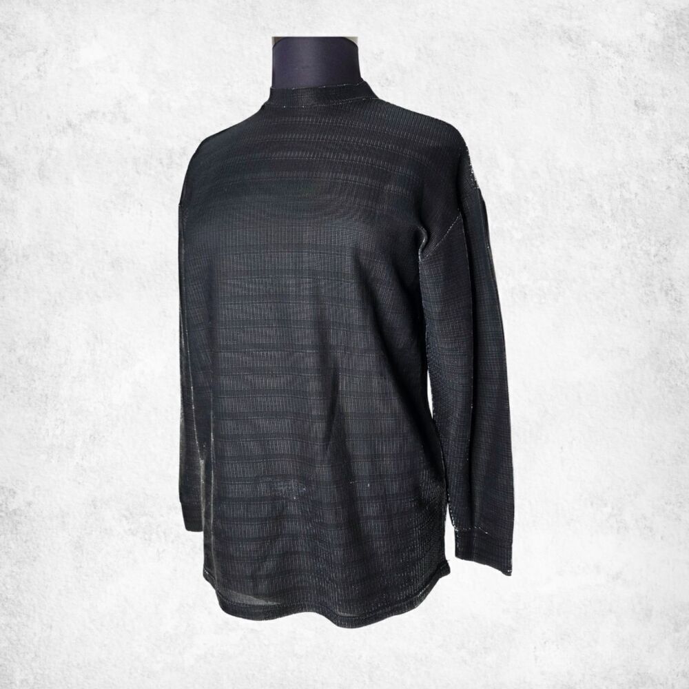 Le Monde Collection Black Metallic Lurex Top XL Vintage Long Sleeve Shimmer